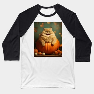 Retro Vintage: Chubby Cat and Pumpkin - Whimsical Autumn Halloween Delight Baseball T-Shirt